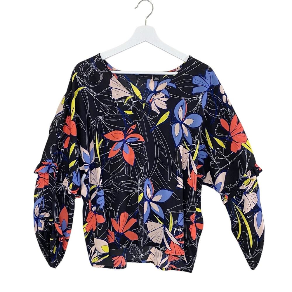 Halogen Shirt Women's 1 petite Black Floral V-Neck Long Sleeve Ruffle Blouse
